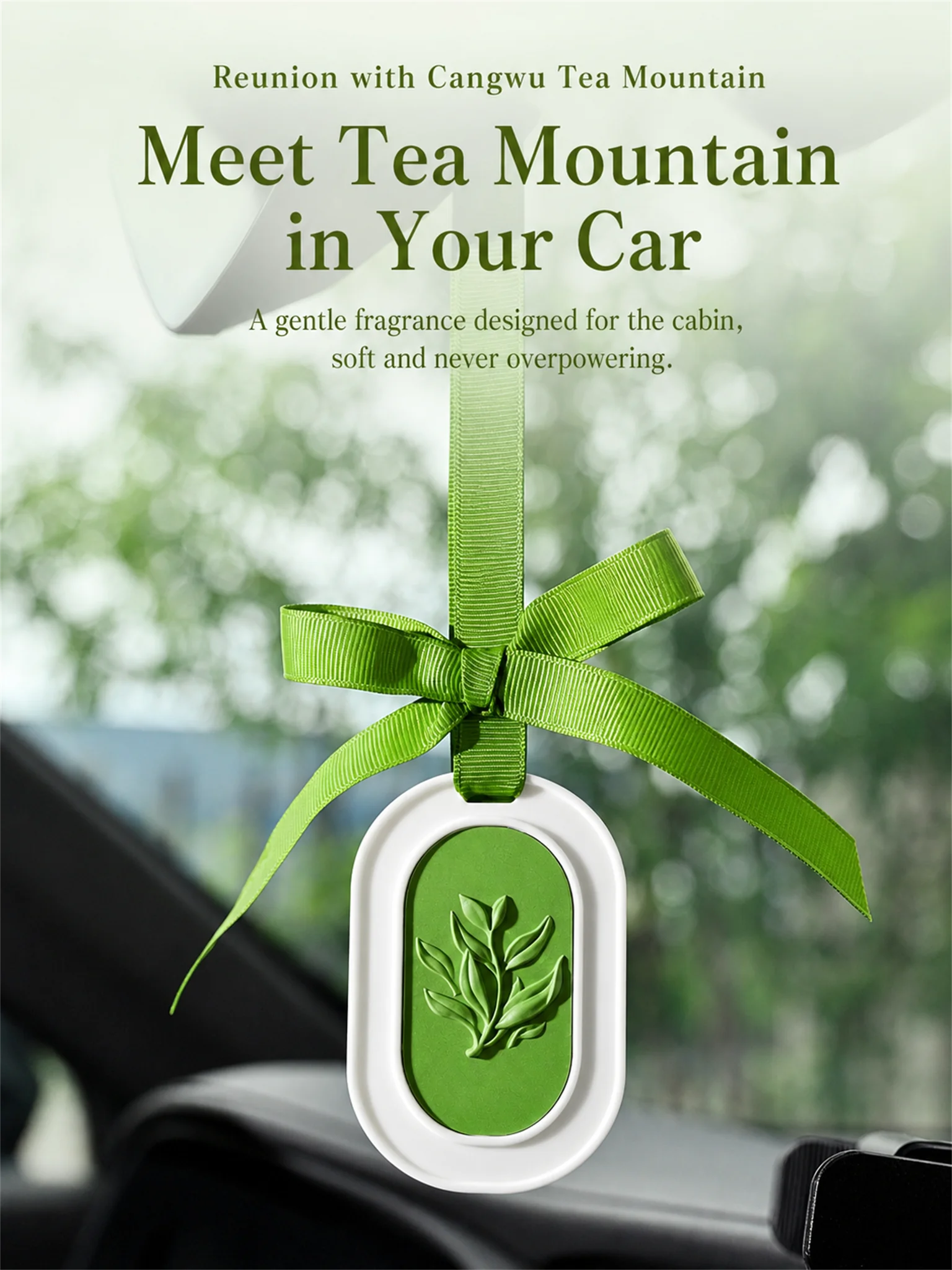 Tea scented air freshener green ribbon hanging detail