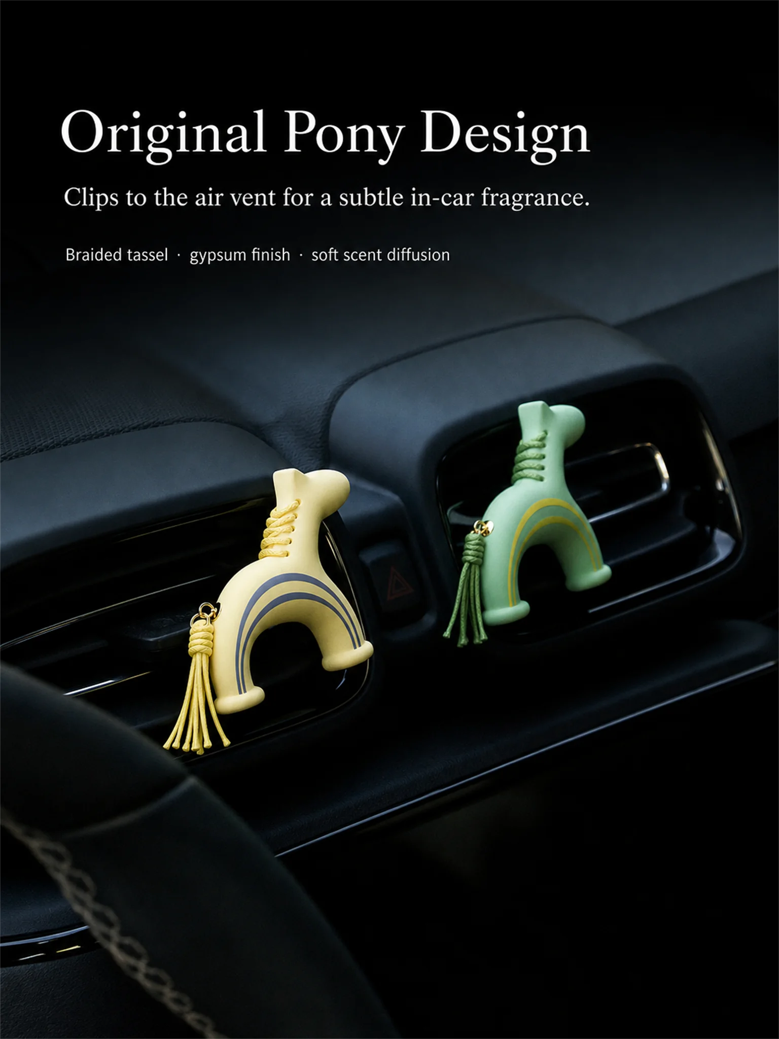 White, yellow and green pony car vent diffusers