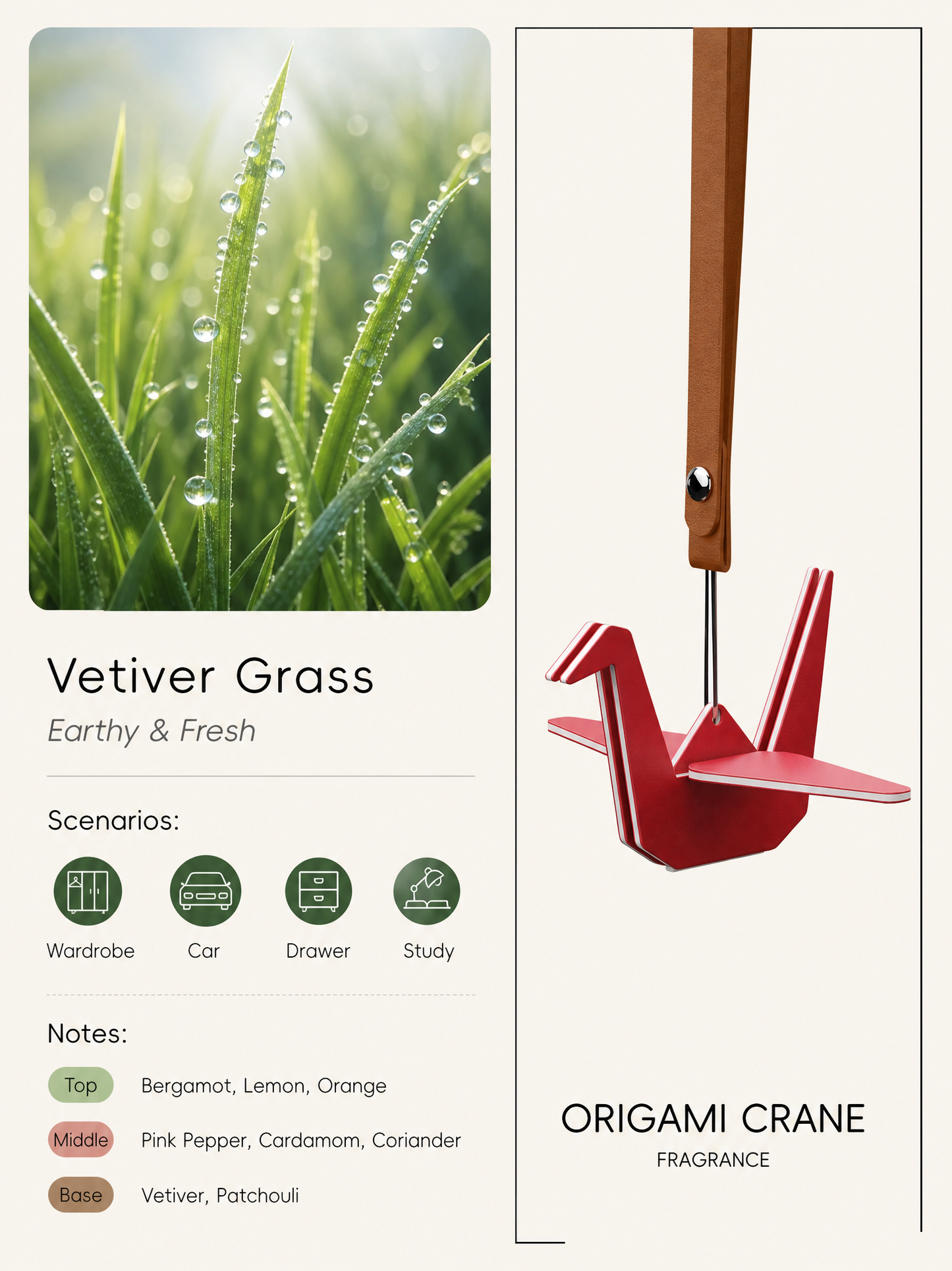 Vetiver Grass earthy woody scented red origami crane air freshener