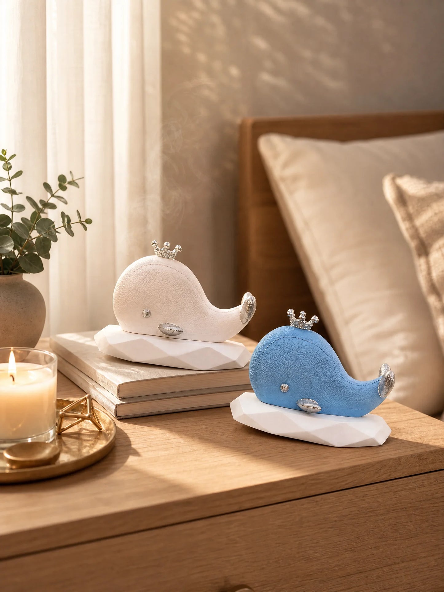 Whale diffuser set on wooden bedroom nightstand