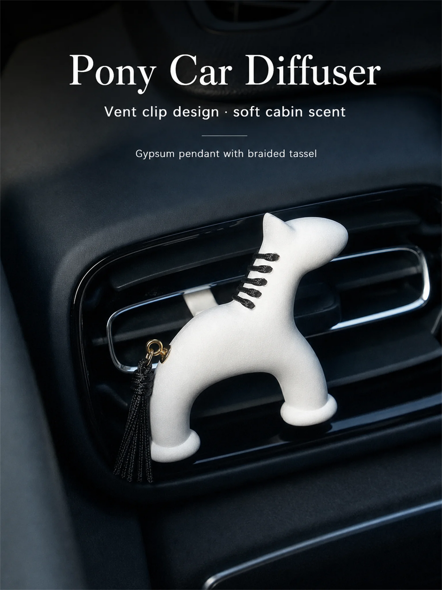 White pony gypsum diffuser clipped on black car air vent