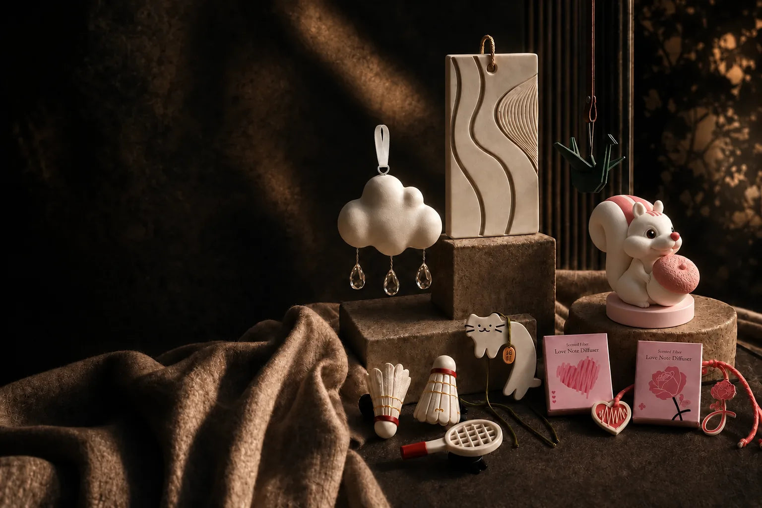 A cinematic dark studio display of assorted scented decor objects from the curated edit.
