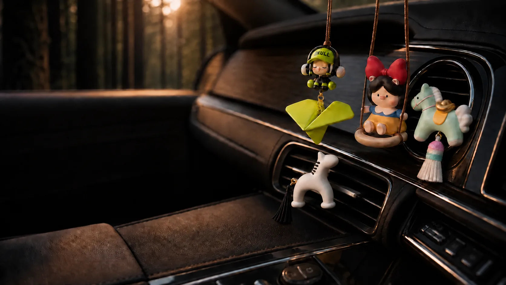 Assorted small decor objects displayed inside a dark car interior.